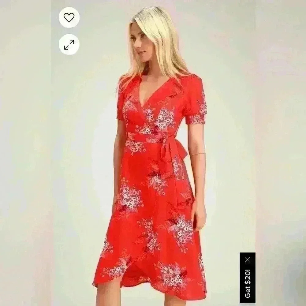 NWT Lulus All the Sweetness Red Floral Print Puff Sleeve Midi Wrap Dress